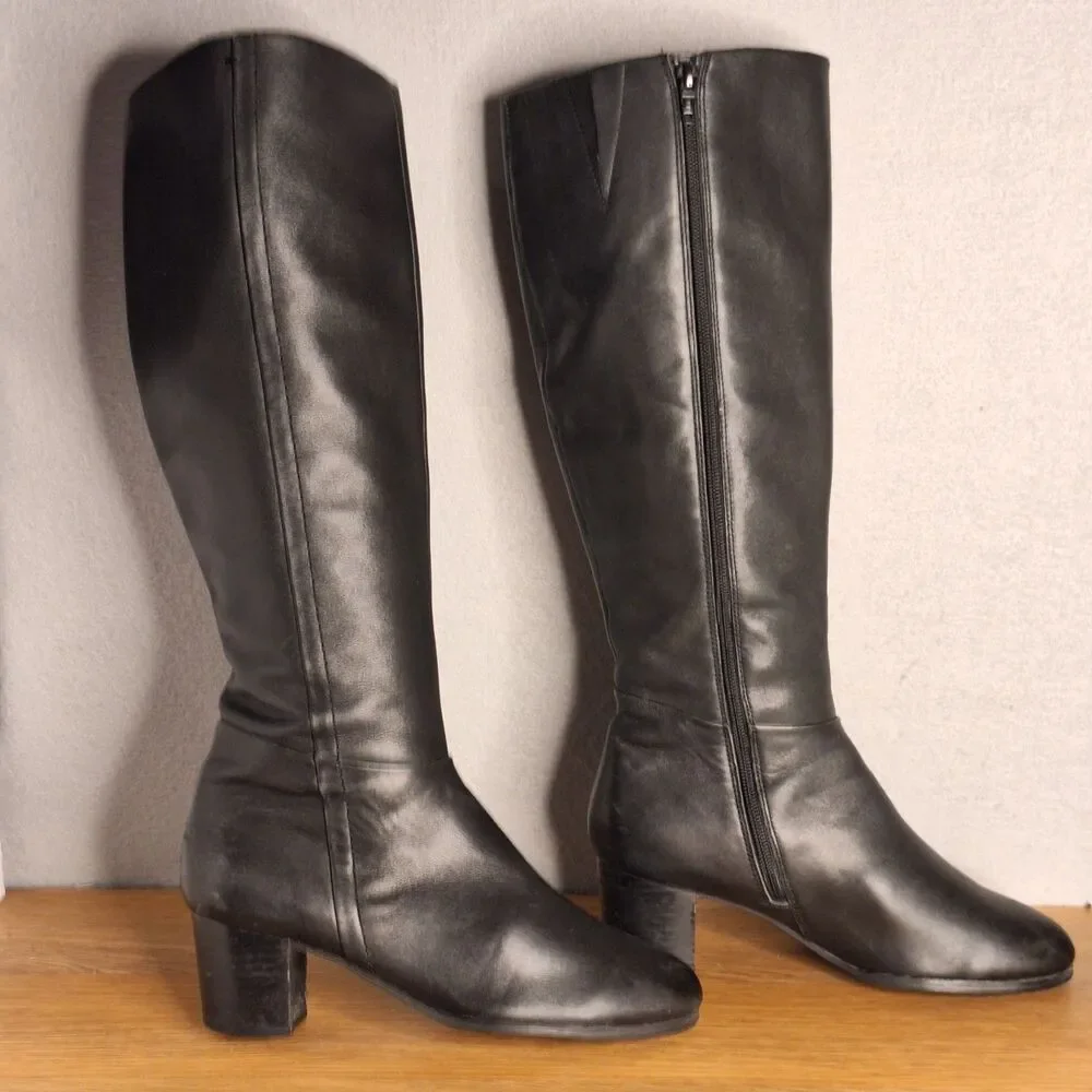 Vionic Tahlia Women’s 7.5 Black Leather Knee High Boots Almond Toe Zip Tall